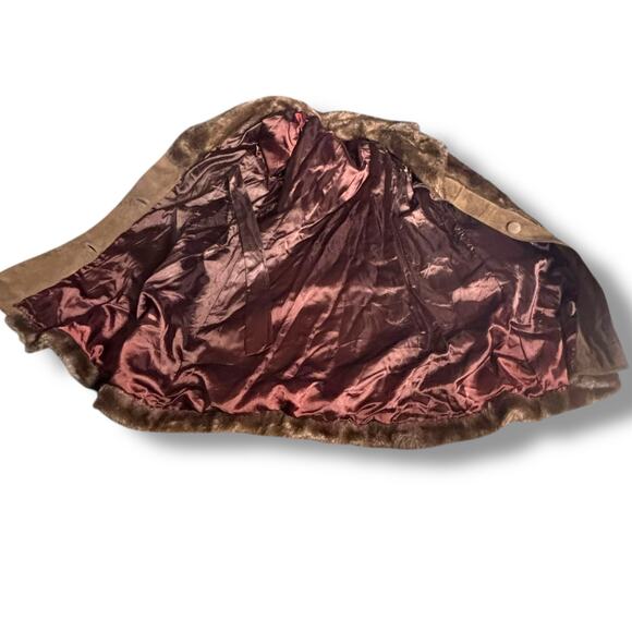 Vintage 70s Tocci England Faux Fur Suede Leather Belted Coat Burgundy Lined - Picture 12 of 16